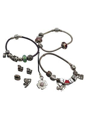 Pandora Charm Bracelet Sets Sterling Silver Beads Flower Dog And "Happy" Charm